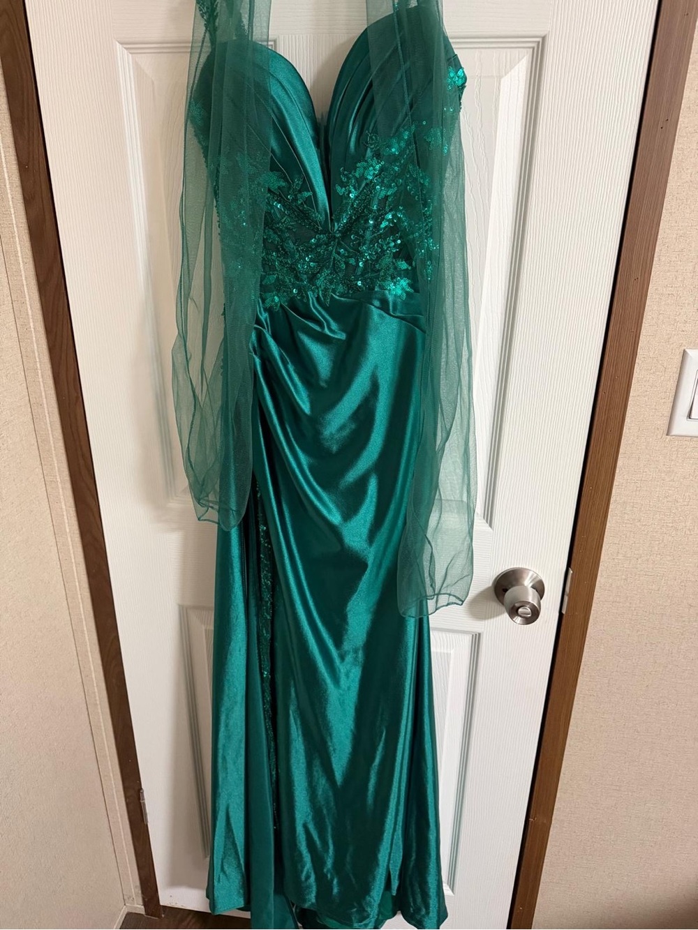 Satin Emerald Green Prom Gown with Sheer Embellished Bodice